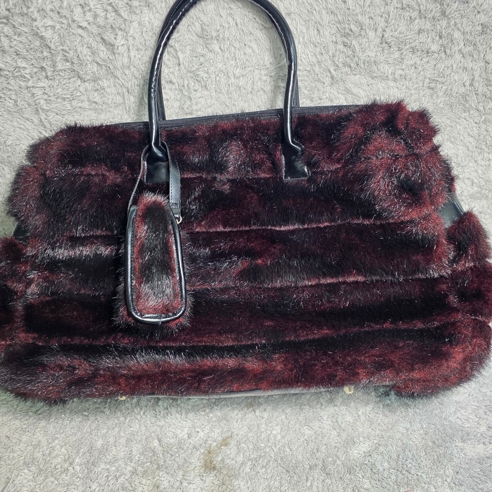 VTG Suzanne Somers Faux Fur Weekend Gym Bag Tote Dark Red‎ Black Funky Fun WILD